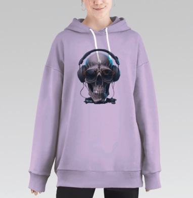 Череп с наушниками и очками музыка и стиль навсегда, Hoodie Long Oversize Fiolet