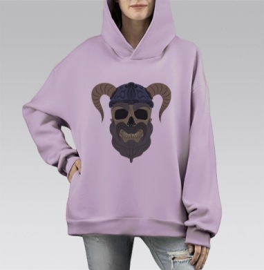 Череп викинга с бородой в рогатом шлеме, Hoodie Mono Fiolet, оверсайз, утепленная