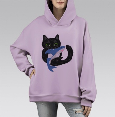 Черная кошка держащая синюю акулу прикольно, Hoodie Mono Fiolet, оверсайз, утепленная