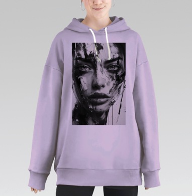 Черно белое лицо женщины с мазками краски глубина эмоций, Hoodie Long Oversize Fiolet