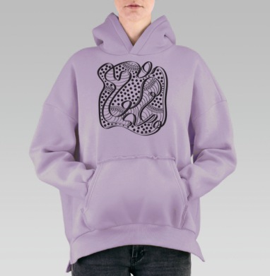 Черно серые абстрактные точки и линии на сером фоне, Hoodie Oversize Fiolet, утепленная