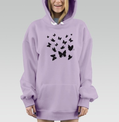 Черные бабочки на сером фоне разлетаются свободно, Hoodie Mjhigh Dig Mel, Fiolet, утепленная
