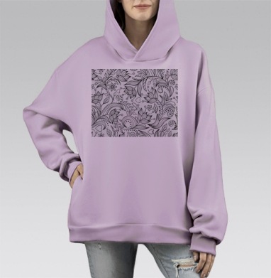 Черные цветы с листьями на белом фоне, Hoodie Mono Fiolet, оверсайз, утепленная