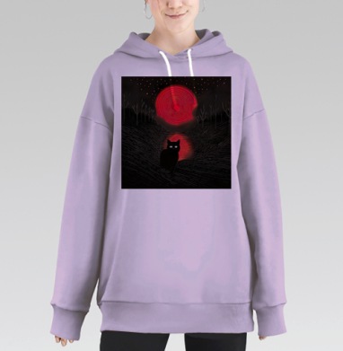 Черный кот на фоне красной луны с отражением красной луны, Hoodie Long Oversize Fiolet