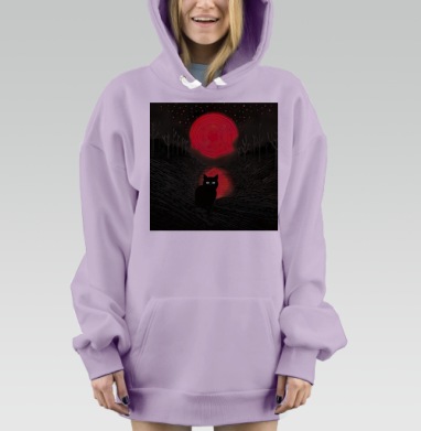Черный кот на фоне красной луны с отражением красной луны, Hoodie Mjhigh Dig Mel, Fiolet, утепленная