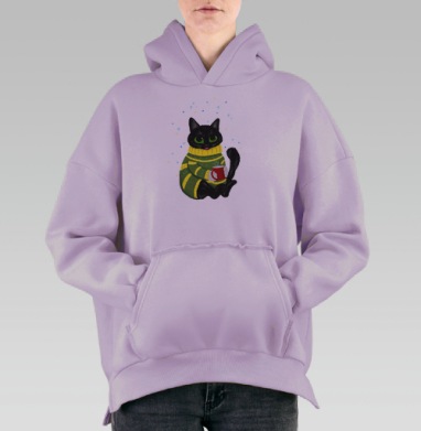 Чёрный кот в зелёном свитере с чашкой чашкой чашкой, Hoodie Oversize Fiolet, утепленная