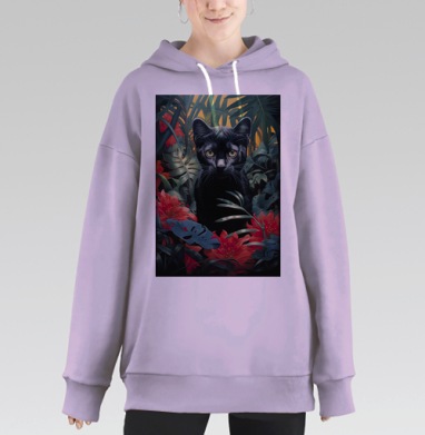 Чёрный кот в зелёных джунглях красных цветов, Hoodie Long Oversize Fiolet