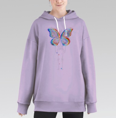 Цветные крылья бабочки на скелете с эффектом глитча, Hoodie Long Oversize Fiolet