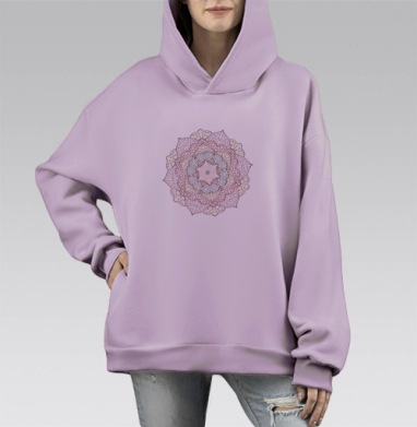 Цветочная мандала с точками и узорами на сером фоне, Hoodie Mono Fiolet, оверсайз, утепленная