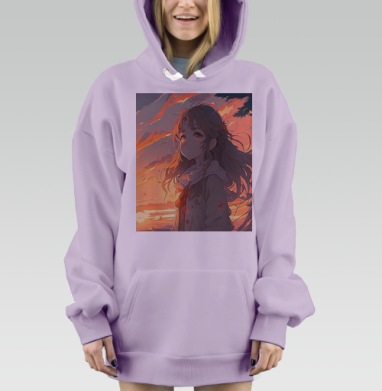 Девушка на рассвете с длинными волосами на берегу, Hoodie Mjhigh Dig Mel, Fiolet, утепленная