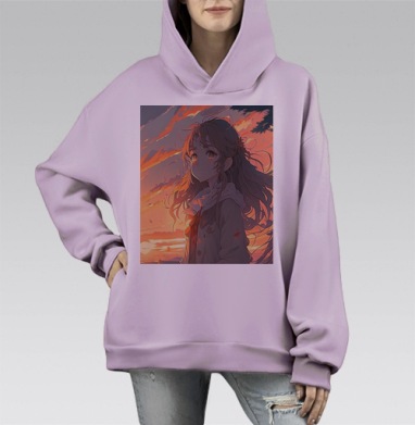 Девушка на рассвете с длинными волосами на берегу, Hoodie Mono Fiolet, оверсайз, утепленная
