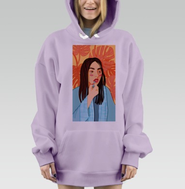 Девушка наносит помаду на фоне листьев и помады, Hoodie Mjhigh Dig Mel, Fiolet, утепленная