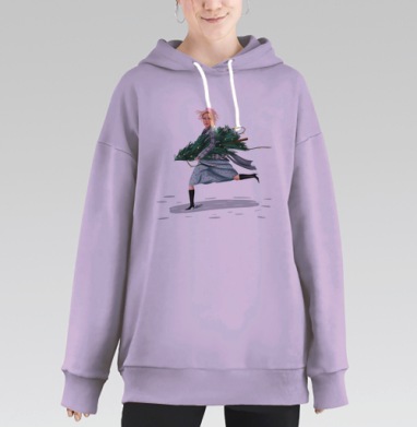 Девушка несёт новогоднюю елку в спешке рождественский момент, Hoodie Long Oversize Fiolet