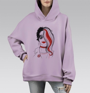 Девушка панк в красных оттенках современный стиль, Hoodie Mono Fiolet, оверсайз, утепленная