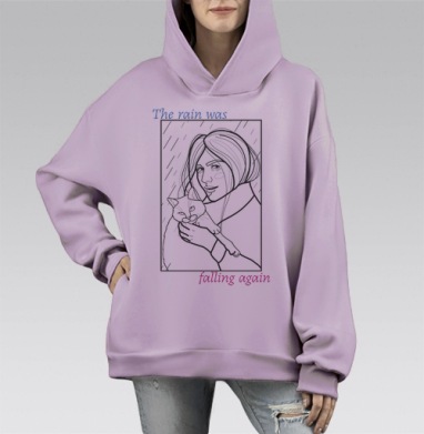 Девушка с кошкой под дождём снова шёл, Hoodie Mono Fiolet, оверсайз, утепленная