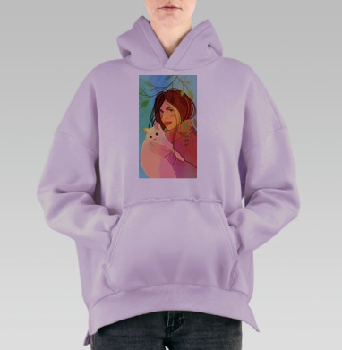 Девушка с кошкой под ветками дерева от дождя, Hoodie Oversize Fiolet, утепленная