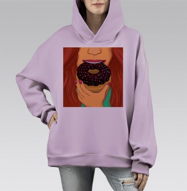 Девушка с пончиком в руке держит сладость перед лицом, Hoodie Mono Fiolet, оверсайз, утепленная