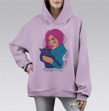 Девушка с розовыми волосами и котом обнимает руки, Hoodie Mono Fiolet, оверсайз, утепленная