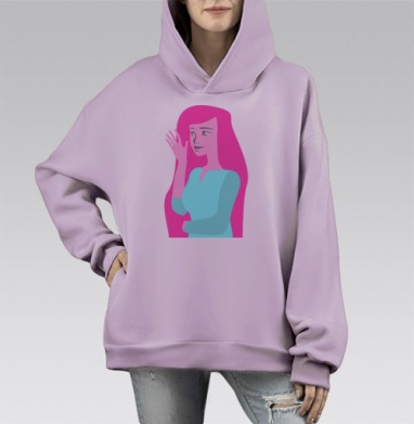 Девушка с розовыми волосами машет рукой приветственно, Hoodie Mono Fiolet, оверсайз, утепленная