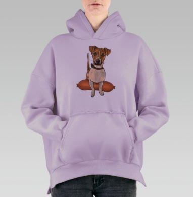 Джек рассел на сосиске мультяшный забавный сюжет, Hoodie Oversize Fiolet, утепленная