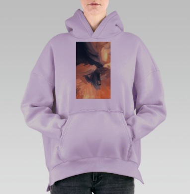 Динамичное смешение теплых оттенков с контрастным темно-синим на полотне, Hoodie Oversize Fiolet, утепленная