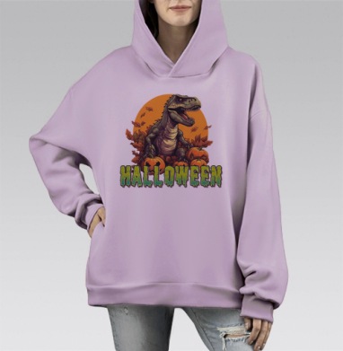 Динозавр с тыквами на Хэллоуин осенние листья, Hoodie Mono Fiolet, оверсайз, утепленная