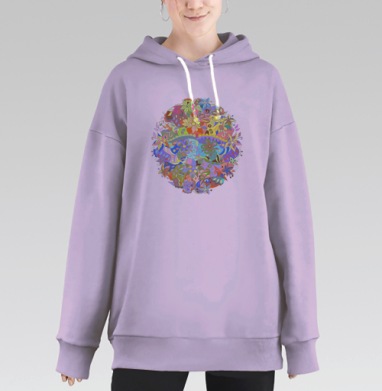 Дудл арт круглый цветочный орнамент на светлом фоне, Hoodie Long Oversize Fiolet