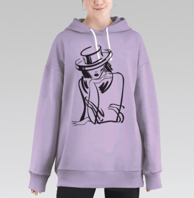 Элегантный женский силуэт в шляпе – стильная графика, Hoodie Long Oversize Fiolet