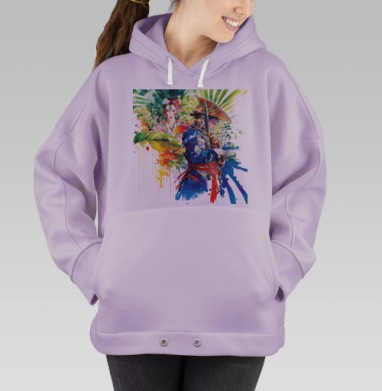 Женщина с цветами и воин в восточном стиле на сером фоне, Hoodie Oversize Fiolet