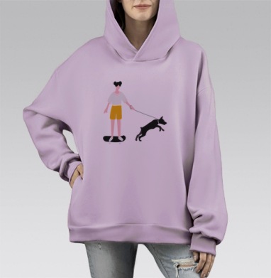 Женщины с собаками на прогулке синий фон повторяющиеся фигуры, Hoodie Mono Fiolet, оверсайз, утепленная