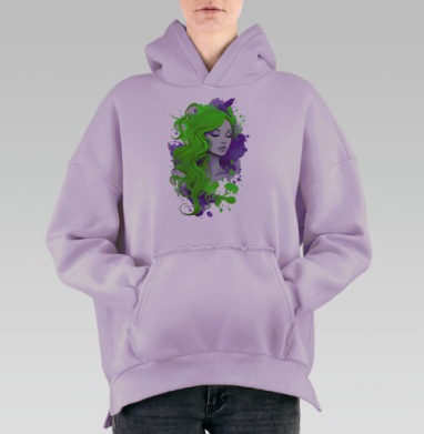 Женский портрет с зелеными волосами и фиолетовыми акцентами, Hoodie Oversize Fiolet, утепленная