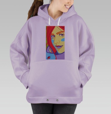 Женское лицо с котом в ярких цветах на фоне, Hoodie Oversize Fiolet