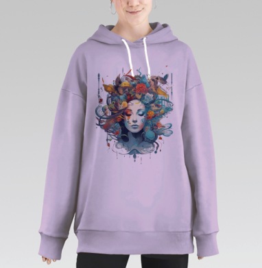 Женское лицо с птицами и цветами в живых оттенках, Hoodie Long Oversize Fiolet