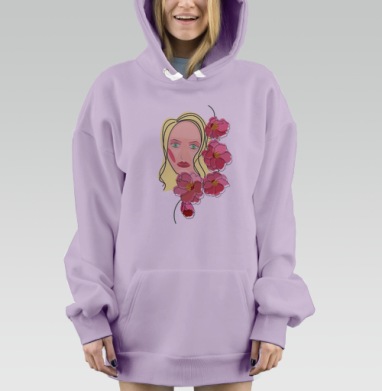 Женское лицо с розовыми цветами в лаконичном стиле, Hoodie Mjhigh Dig Mel, Fiolet, утепленная