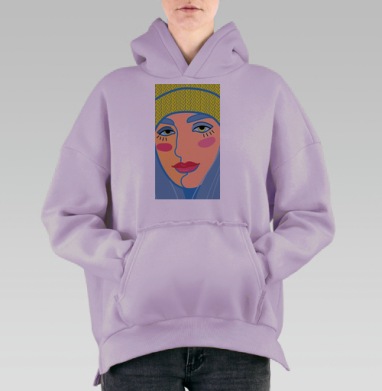 Женское лицо с ярким макияжем и загадочным взглядом, Hoodie Oversize Fiolet, утепленная