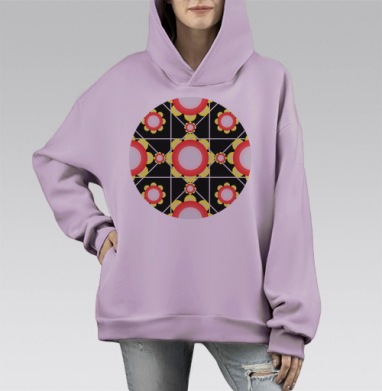 Геометрические красно желтые цветы в черном фоне, Hoodie Mono Fiolet, оверсайз, утепленная