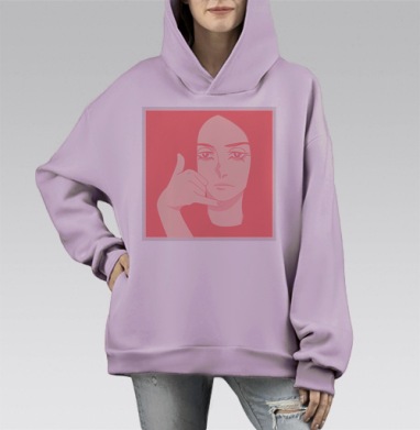 Жест телефонного звонка в розовых тонах на лице, Hoodie Mono Fiolet, оверсайз, утепленная
