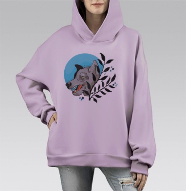 Голова агрессивного волка с ветвью и волчьим вытьем, Hoodie Mono Fiolet, оверсайз, утепленная