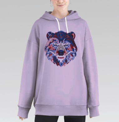 Голова мощного медведя с красно синими узорами лицо зверя, Hoodie Long Oversize Fiolet