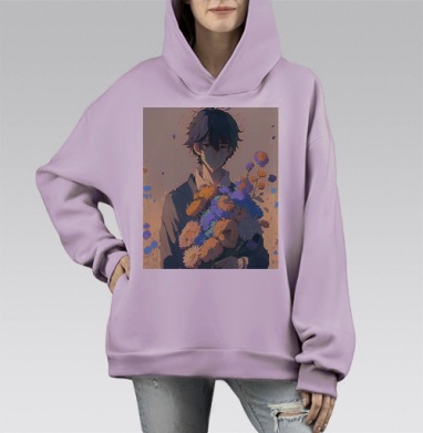 Грустный молодой человек с цветами в руках меланхолия задумчивость, Hoodie Mono Fiolet, оверсайз, утепленная
