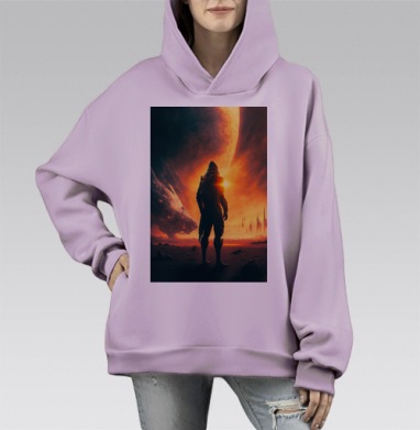 Исследователь галактической планеты на фоне горизонта, Hoodie Mono Fiolet, оверсайз, утепленная