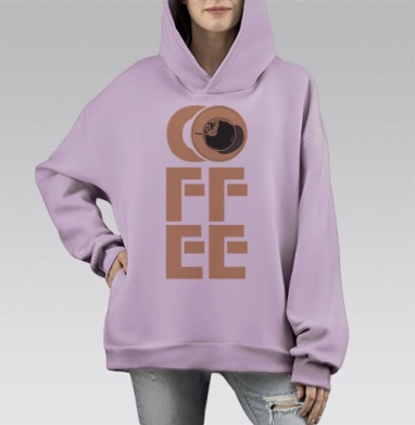 Кофе вид сверху в чашке на фоне букв KFE, Hoodie Mono Fiolet, оверсайз, утепленная