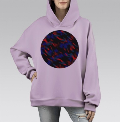 Контрастные блики красного и синего на центре абстракции, Hoodie Mono Fiolet, оверсайз, утепленная