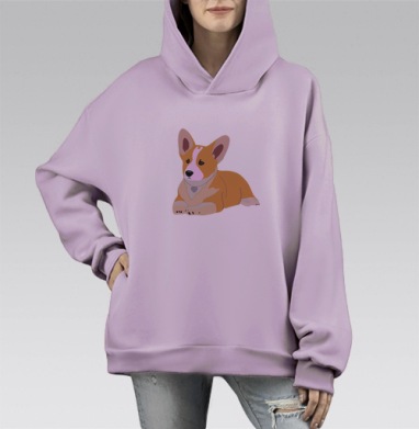 Корги с золотистыми косточками на белом фоне, Hoodie Mono Fiolet, оверсайз, утепленная