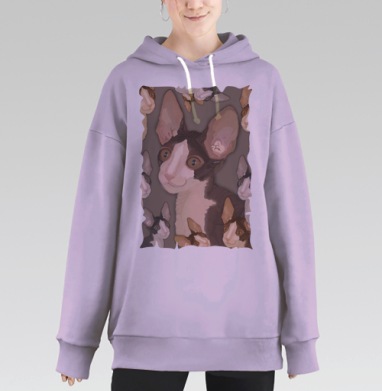 Коричнево белый кот с большими ушами и выразительными глазами, Hoodie Long Oversize Fiolet