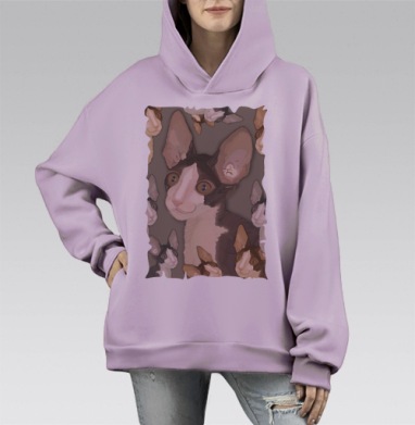 Коричнево белый кот с большими ушами и выразительными глазами, Hoodie Mono Fiolet, оверсайз, утепленная