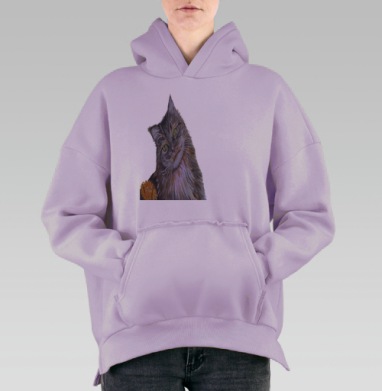 Кот с осенним листом пушистый взгляд глазами, Hoodie Oversize Fiolet, утепленная
