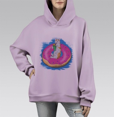 Котенок на плавательном пончике расслабленно пьет коктейль, Hoodie Mono Fiolet, оверсайз, утепленная
