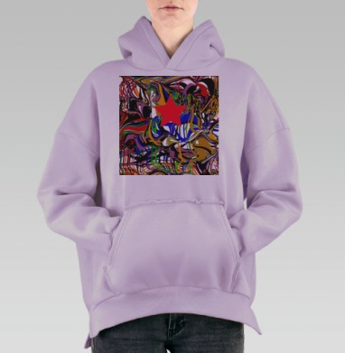 Красная звезда на динамичном абстрактном фоне с разводами, Hoodie Oversize Fiolet, утепленная