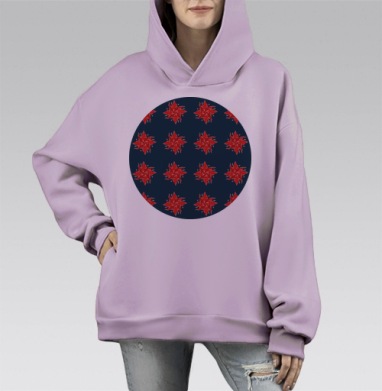Красные цветы на синем фоне синий фоне, Hoodie Mono Fiolet, оверсайз, утепленная